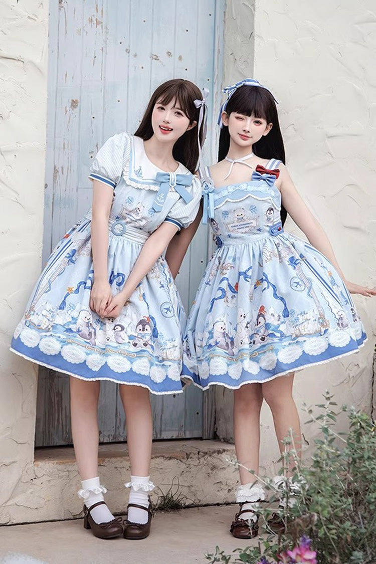 Blue [Penguin Navy] Short Sleeves Print Ruffle Bowknot Sweet Princess Lolita Dress - Blue - 1
