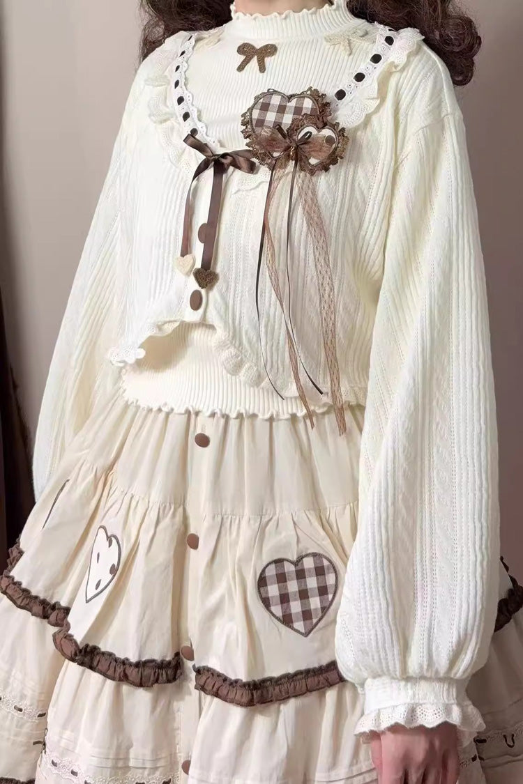 Ivory [Lovely Heart] Triple-Layered Ruffle Embroidery Bowknot Sweet Elegant Lolita Skirt - Product - 13