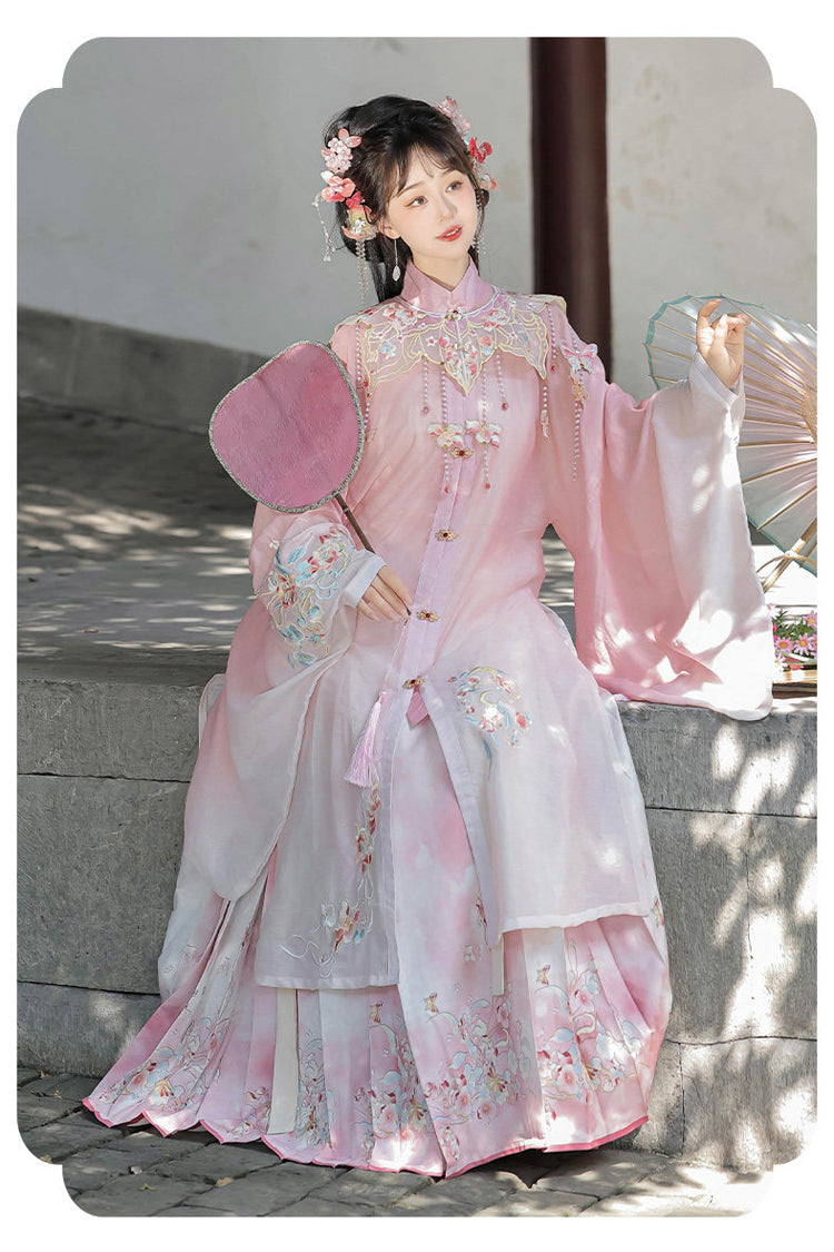 Pink [Spring Scenery Gardens] Collar High Waisted Embroidered Women's Sweet Hanfu Dress Set - Product - 4