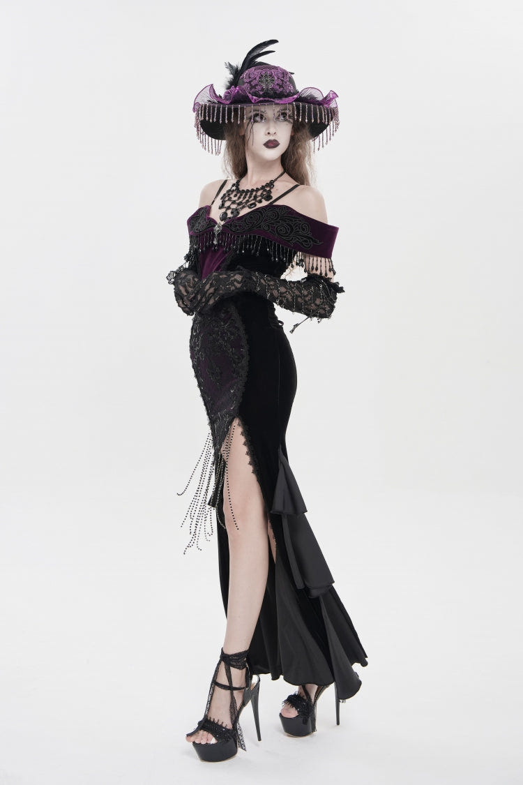 Black/Purple Off Shoulder Sleeveless Embroidered Lace Slim Women's Gothic Gorgeous Strapless Dress - Product - 8