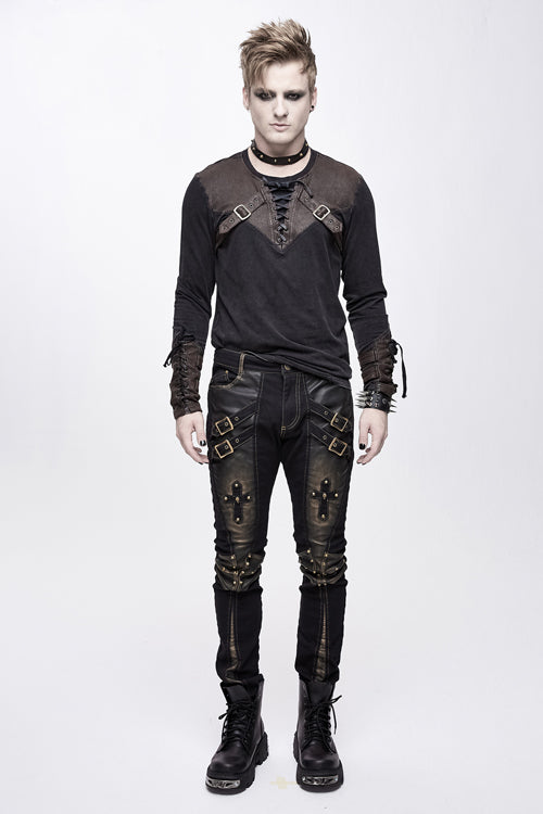 Punk Rock Bronze Fitted Leather Cross Mens Pants - Product - 5