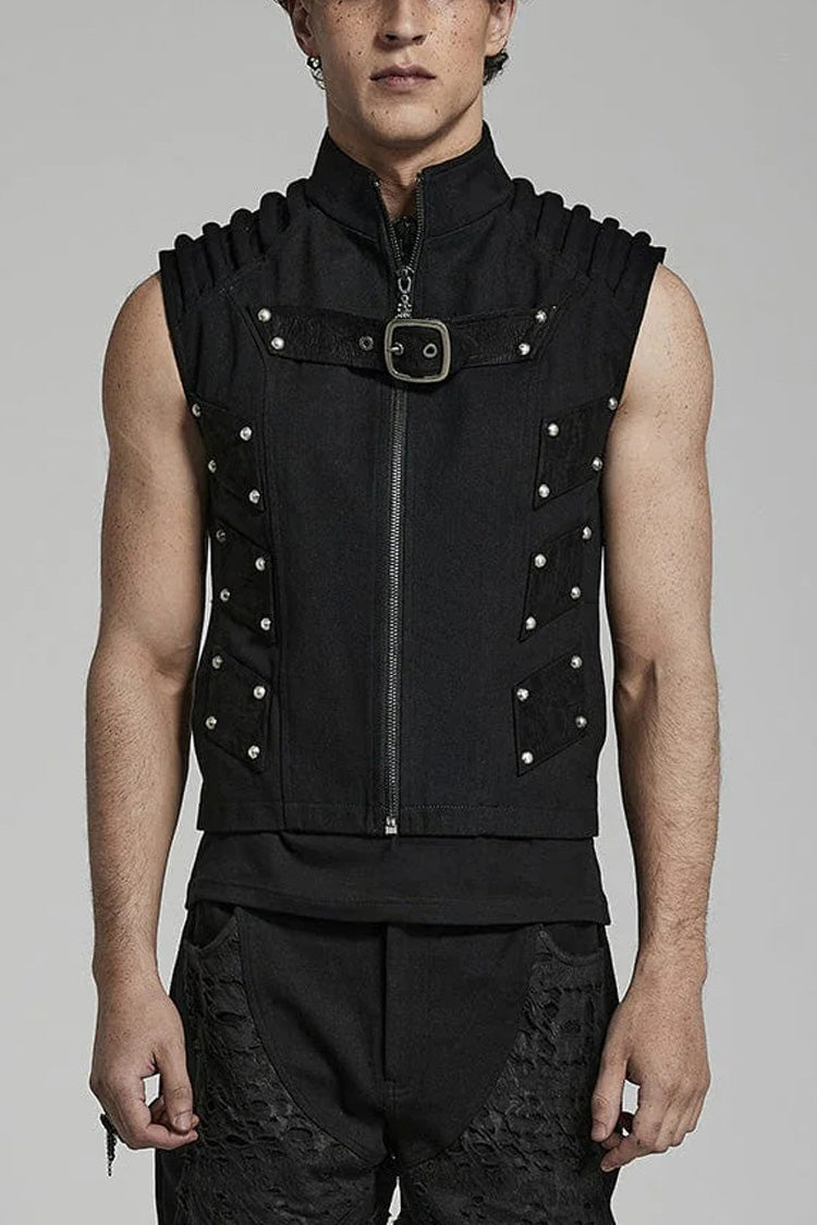 Black Stand Collar Sleeveless Stitching Buckle Decoration Mens Steampunk Vest - Black - 1