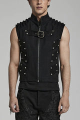 Black Stand Collar Sleeveless Stitching Buckle Decoration Mens Steampunk Vest - Black - 1