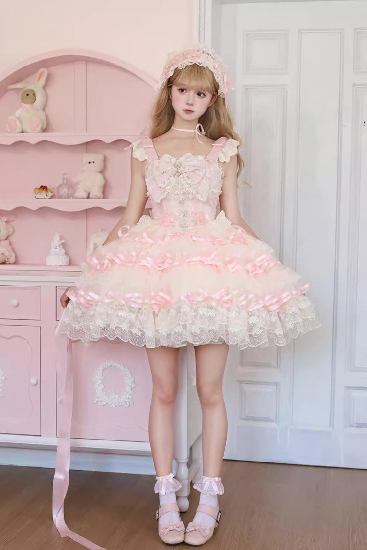 Pink [Rose Feather Waltz] Sleeveless Triple-Layered Ruffle Bowknot Lace Sweet Ballet Lolita Jsk Dress - Product - 2