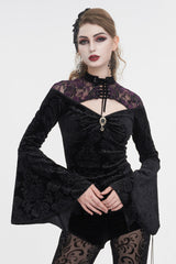 Black Cutout Flared Sleeved Floral Embossed Women's Gothic Shirt - Black - 1