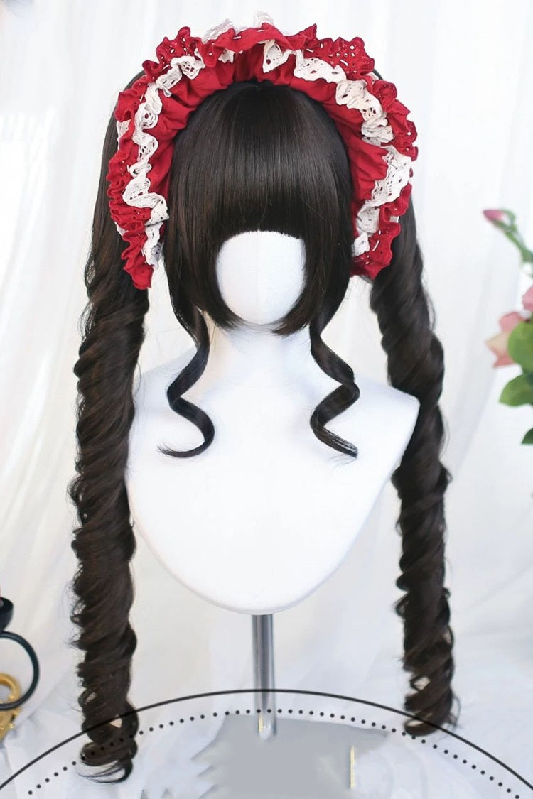 Long Roman Ringlet Curls with Twin Pigtails Sweet Lolita Wig Set 4 Colors - Black-Tea-Brown - 3