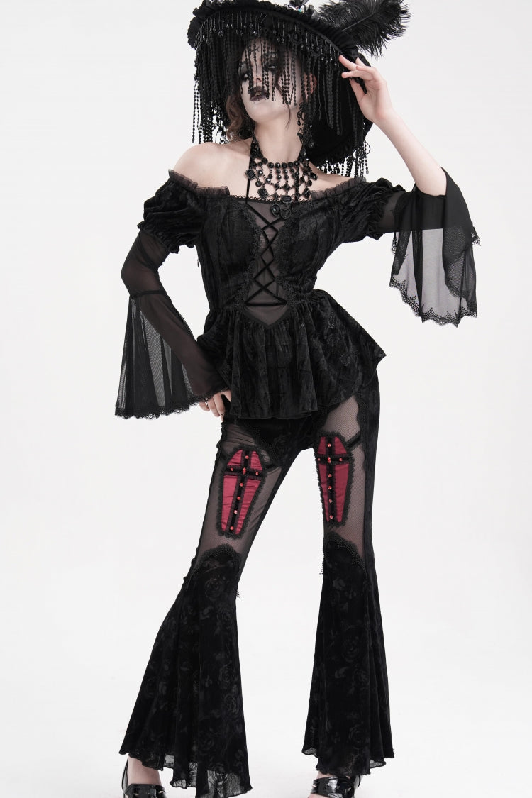 Black Halterneck Long Sleeves Hollow Lace-Up Mesh Women's Gothic Blouse - Product - 5