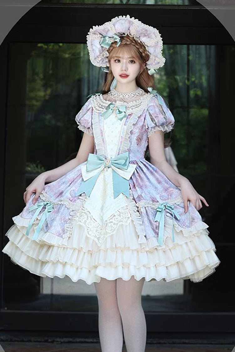 [Angel Heart Sky Oil Painting] Print Ruffle Cardigan Bowknot Sweet Princess Lolita Dress 3 Colors - Product - 15