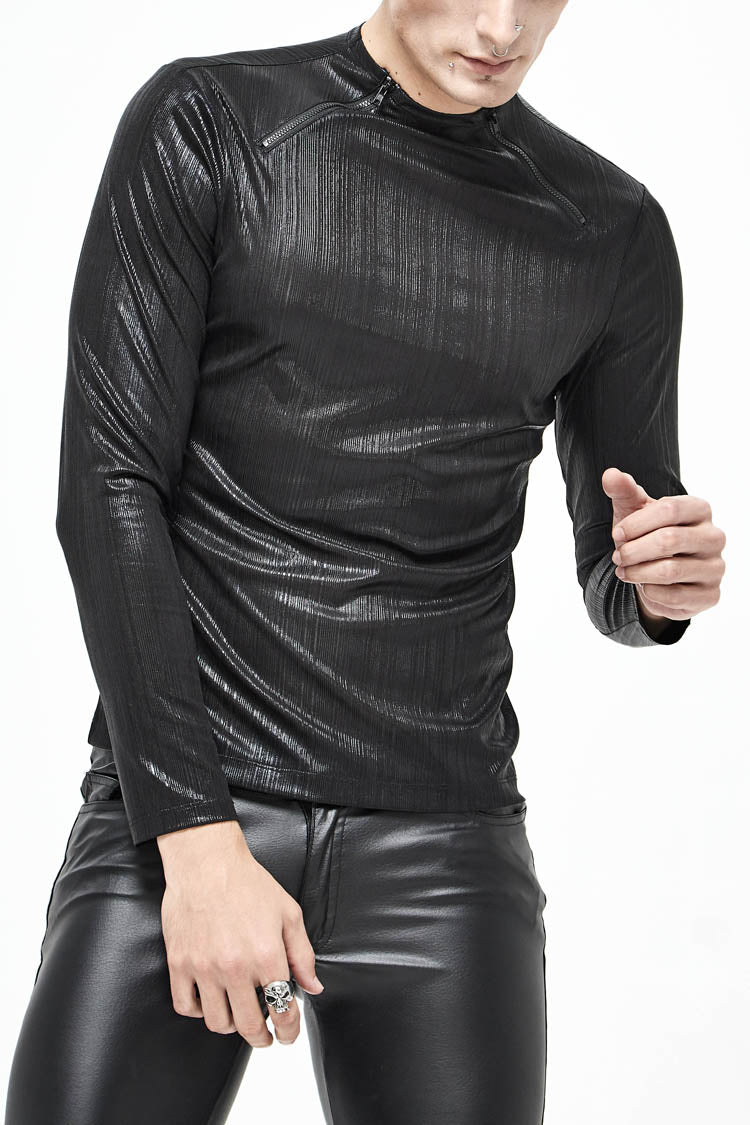 Black Zipper Neckline Long Sleeves Slim Mens Steampunk Top - Black - 1