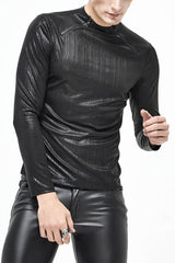 Black Zipper Neckline Long Sleeves Slim Mens Steampunk Top - Black - 1