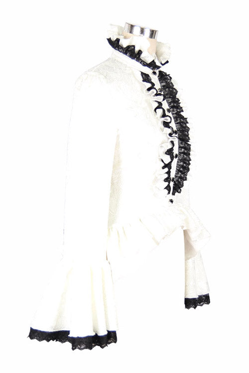 White Trumpet Sleeves Lace Ruffled Vintage Print Womens Gothic Blouse - Product - 5