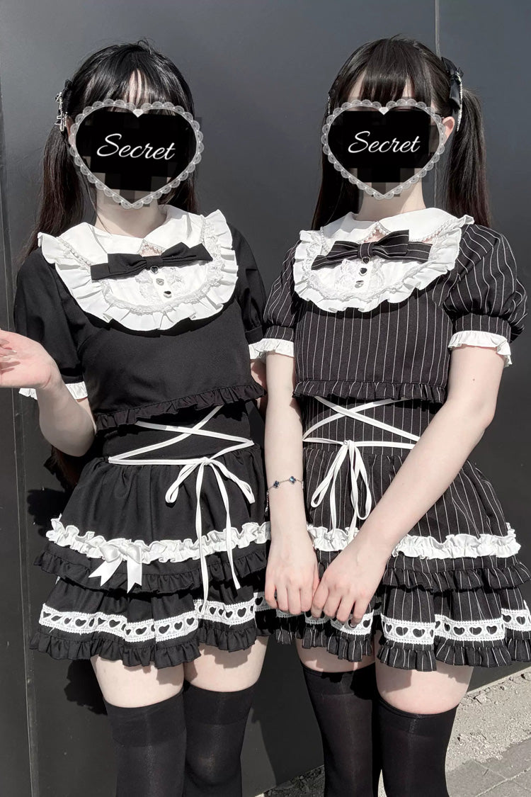 Black [Starry Tulle] Doll Collar Short Sleeves Double-Layered Ruffled Bow Gothic Jirai Kei Japanese Skirt Set - Product - 7