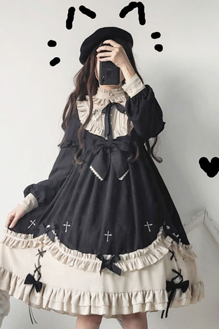 Black Round Collar Chest Bow Cross Print Ruffled Sweet Lolita Op Dress - Product - 2