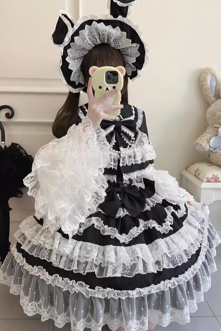 Black [Love and Heart Flutter] Sleeveless Multi-Layered Ruffle Bowknot Lace Pearl Sweet Lolita Jsk Dress - Product - 3