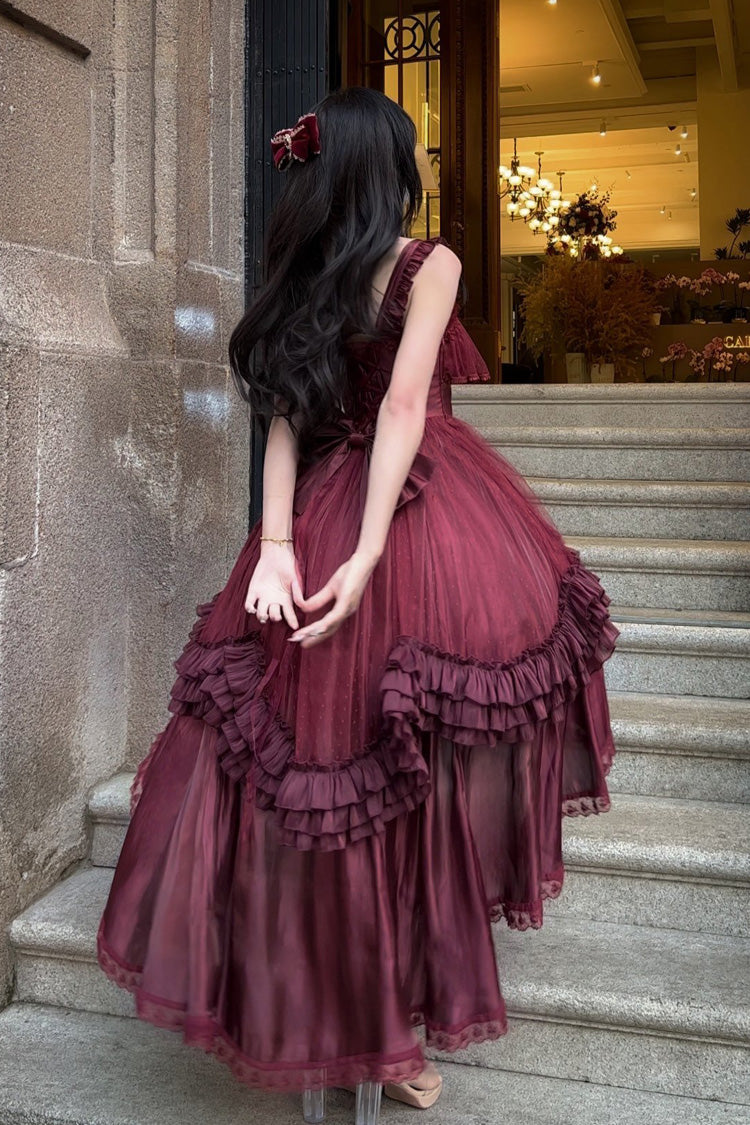Red Square Collar Sleeveless Ruffled Bow Lace-Up Classic Elegant Princess Lolita Jsk Dress - Product - 3