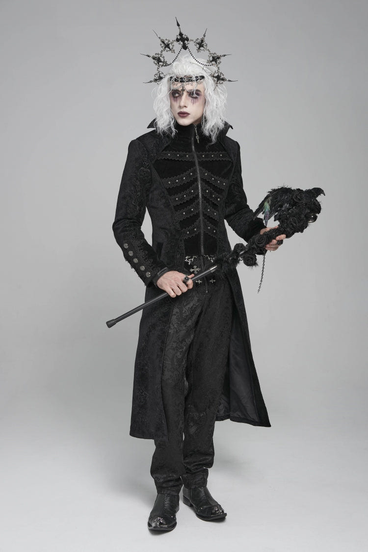 Black Diamante Stand Collar Long Sleeves Printed Zippered Men's Gothic Long Coat - Product - 3