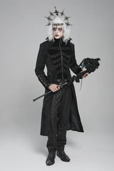 Black Diamante Stand Collar Long Sleeves Printed Zippered Men's Gothic Long Coat - Product - 3