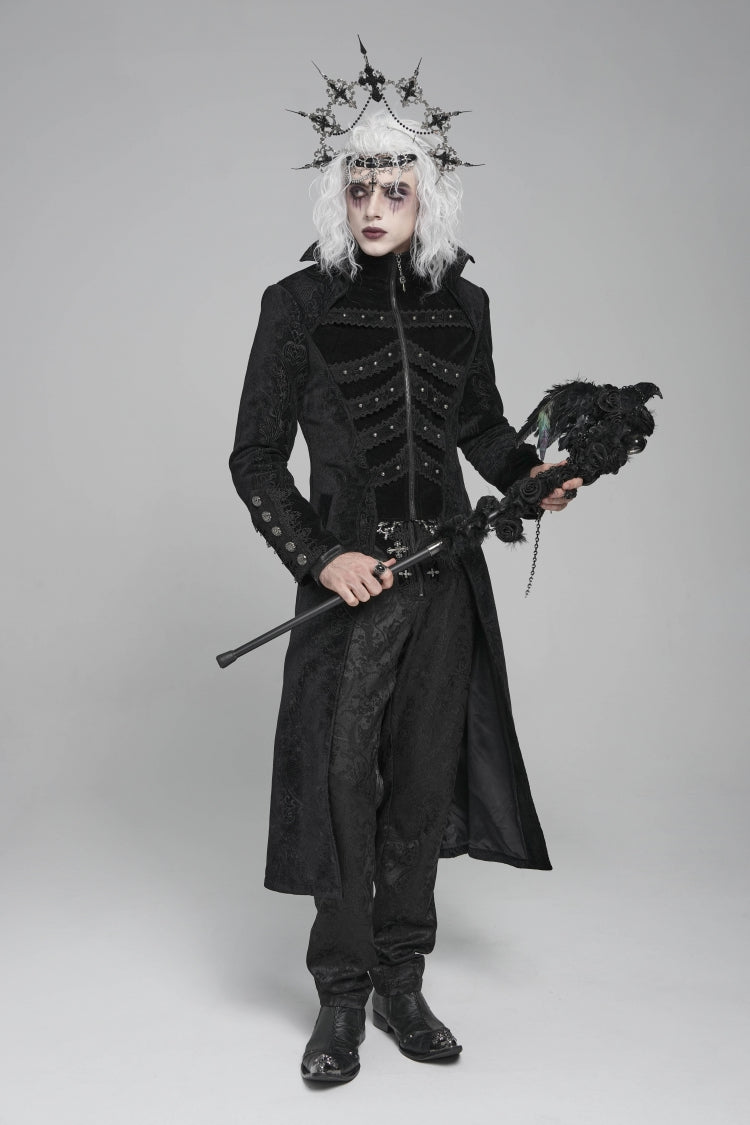 Black Diamante Stand Collar Long Sleeves Printed Zippered Men's Gothic Long Coat - Product - 3