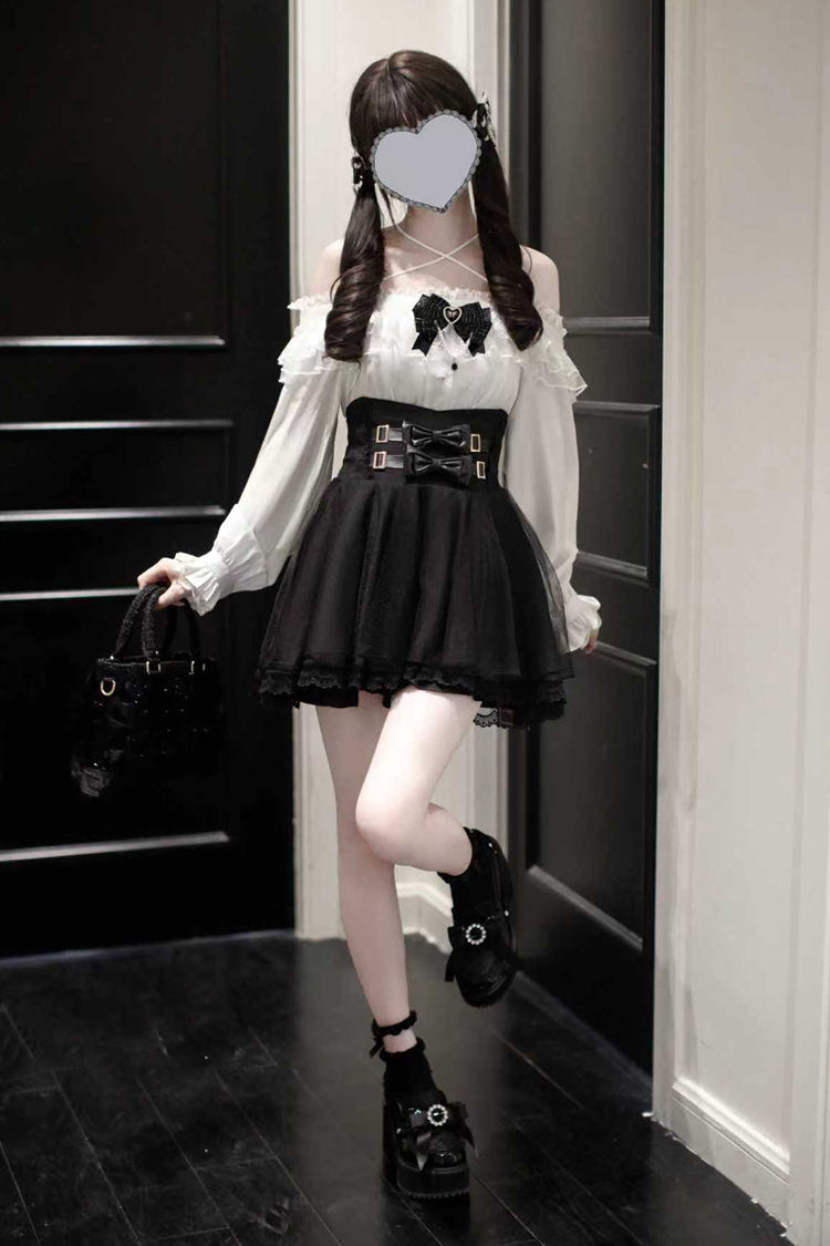 Black Solid Color Bowknot Sweet Jirai Kei Japanese Skirt - Black - 1