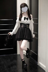 Black Solid Color Bowknot Sweet Jirai Kei Japanese Skirt - Black - 1