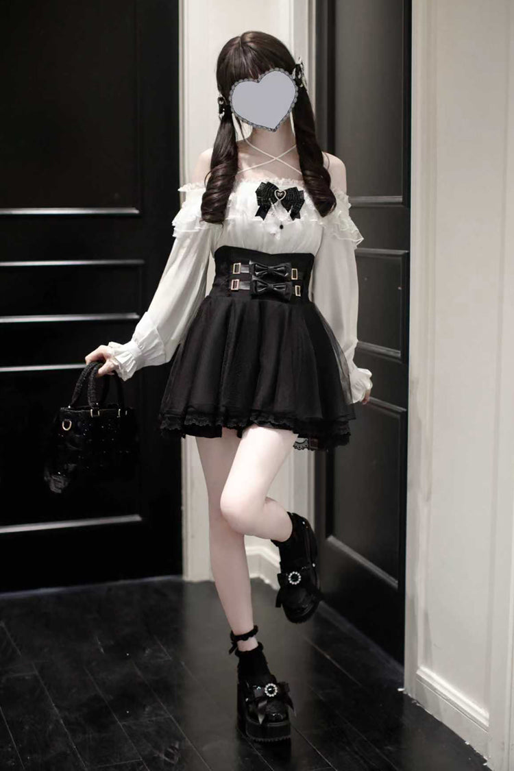 Black Solid Color Bowknot Sweet Jirai Kei Japanese Skirt - Black - 1