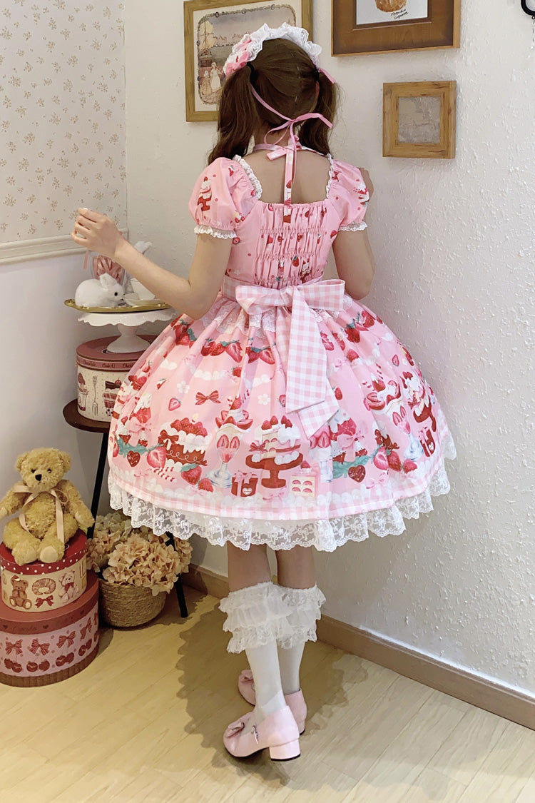 Pink [Strawberry Parfait] Print Short Sleeves Ruffle Bowknot Lace Lace-Up Sweet Lolita Dress - Product - 9