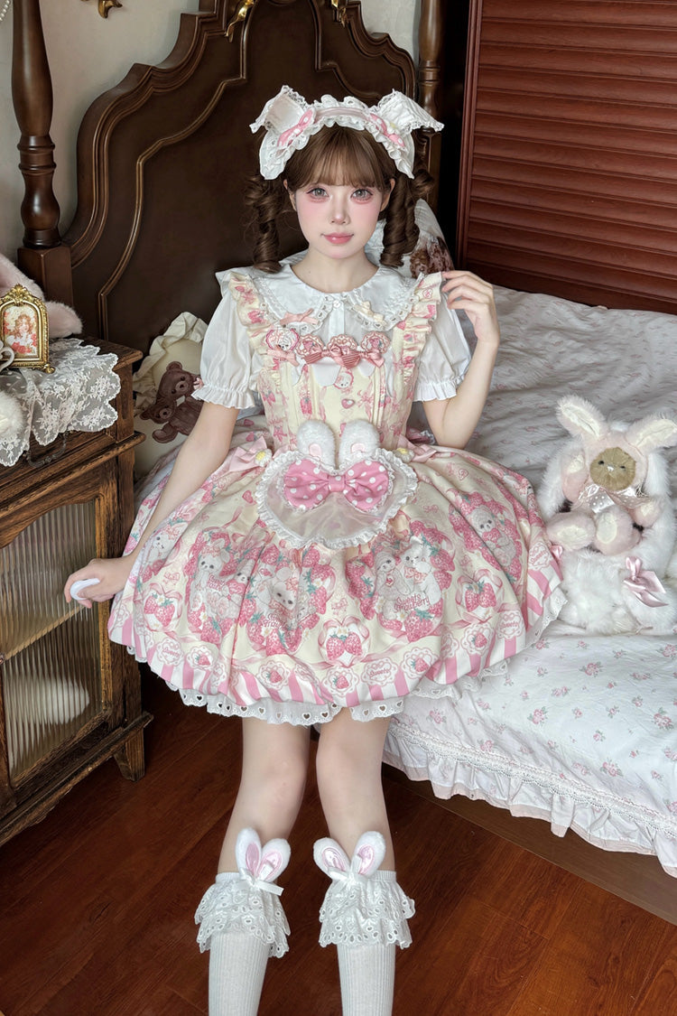 [Cream Rabbit Strawberry] Print Sleeveless Bowknot Sweet Lolita Jsk Dress 2 Colors - Product - 2