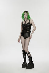 Black Off Shoulder Slim Ripped Buckled Women's Punk Spiders&Web Printed  Vest - Product - 7
