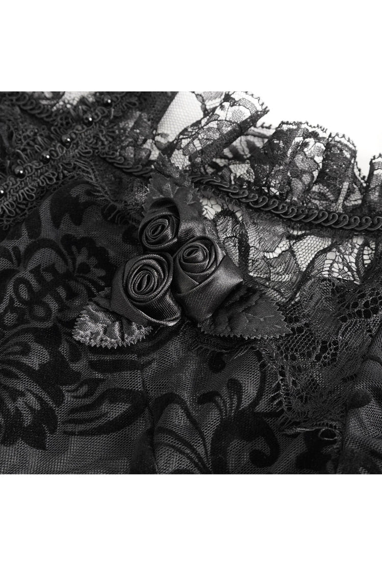 Black Short Sleeves Print Ruffle Lace Sheer Women's Gothic Blouse - Product - 8