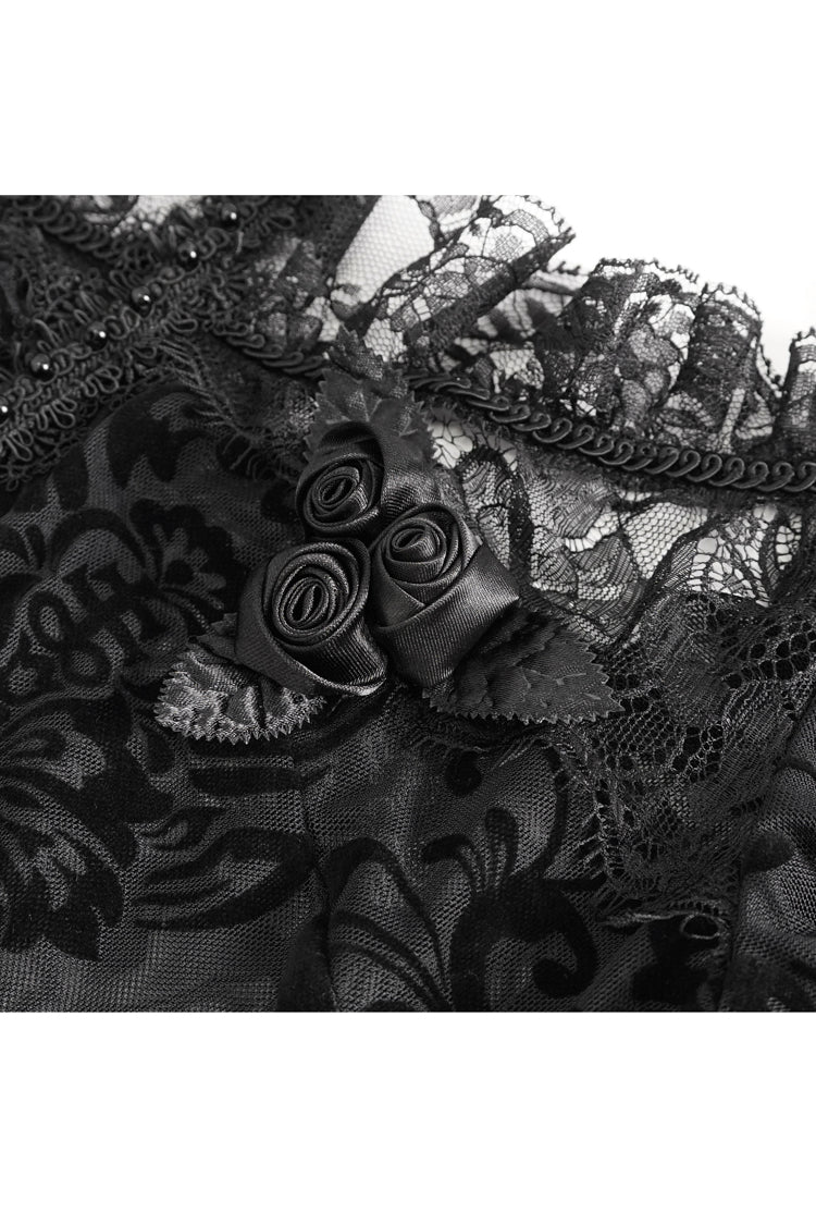 Black Short Sleeves Print Ruffle Lace Sheer Women's Gothic Blouse - Product - 8