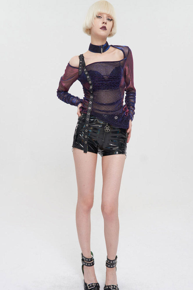 Multi-Color Punk Long Sleeve Mesh Neck Zipper Adjustable Shoulder Straps Asymmetric Women's T-Shirt - Product - 7