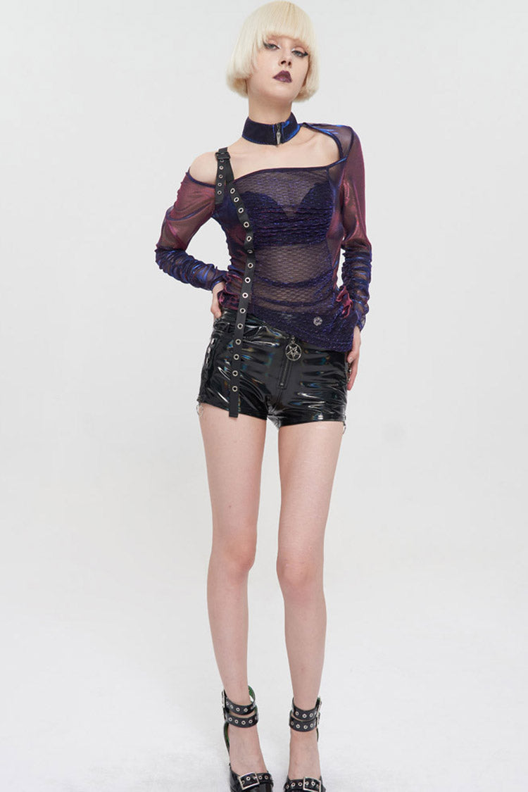 Multi-Color Punk Long Sleeve Mesh Neck Zipper Adjustable Shoulder Straps Asymmetric Women's T-Shirt - Product - 7