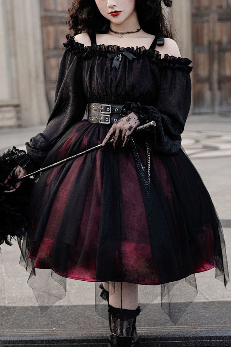 Black Boat Neck Metal Chain Organza Stitching Gothic Lolita OP Dress (Short Version) - Black - 1
