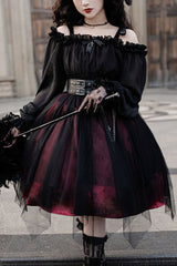 Black Boat Neck Metal Chain Organza Stitching Gothic Lolita OP Dress (Short Version) - Black - 1