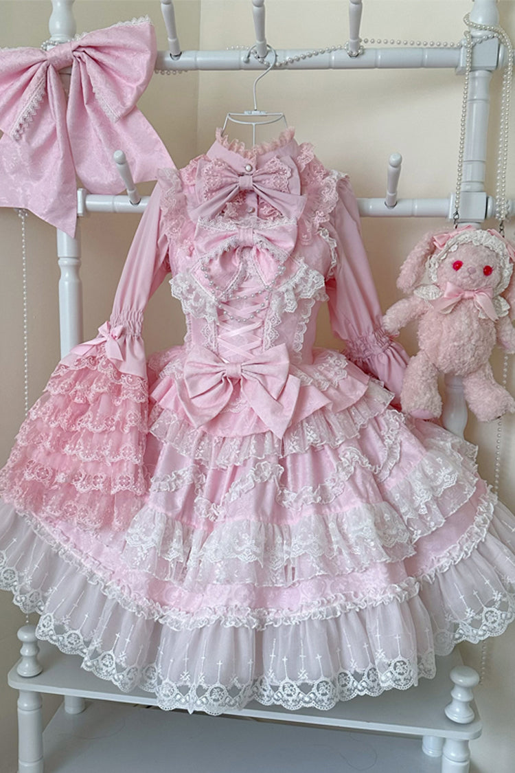 Pink [Love and Heart Flutter] Sleeveless Multi-Layered Ruffle Bowknot Lace Pearl Sweet Lolita Jsk Dress - Product - 4