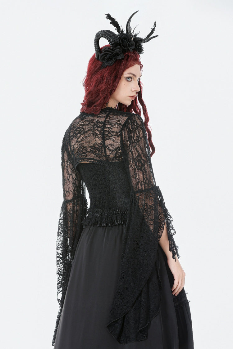 Black Women's Gothic Lace Flare Long Sleeve Crop Shrug - Product - 6