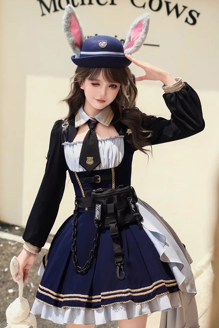 Blue [Rabbit Police Officer] Ruffled Bow Asymmetric College Style Handsome Lolita Jsk Dress - Blue - 1