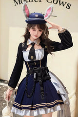 Blue [Rabbit Police Officer] Ruffled Bow Asymmetric College Style Handsome Lolita Jsk Dress - Blue - 1
