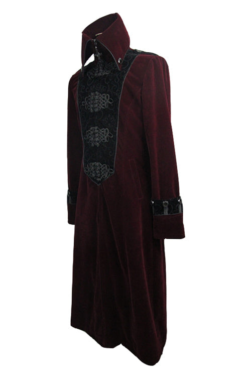 Gothic Wine Western Fashion Patchwork Plum Patterned Velveteen Mens Coat - Product - 5