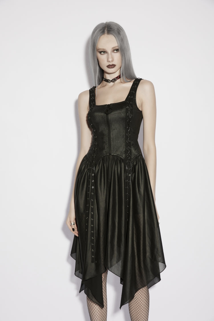 Black Off Shoulder Slim Irregular Zippered Eyelet Women's Punk College Style Dress - Product - 5