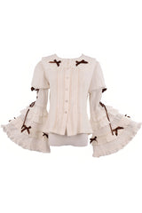 Brown [Antique Teddy Bear] Sleeveless Printed Bow Lace Sweet Elegant Lolita Jsk Dress - Blouse(Only) - 13