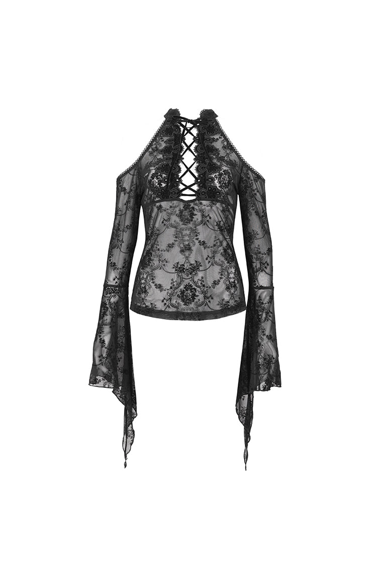 Black Off Shoulder Flared Sleeved Lace Mesh Women's Gothic Shirt - Product - 8