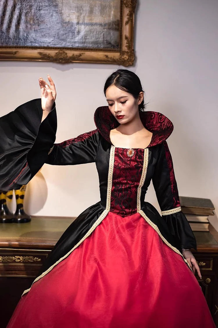 Wine Red Print Medieval Court Gothic Victorian Lolita Dress - Product - 5