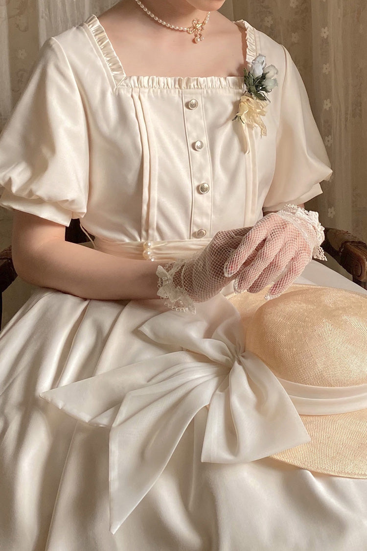 Apricot [Random Thoughts] Square Collar Short Sleeves Ruffle Classic Vintage Elegant Lolita Dress - Product - 4