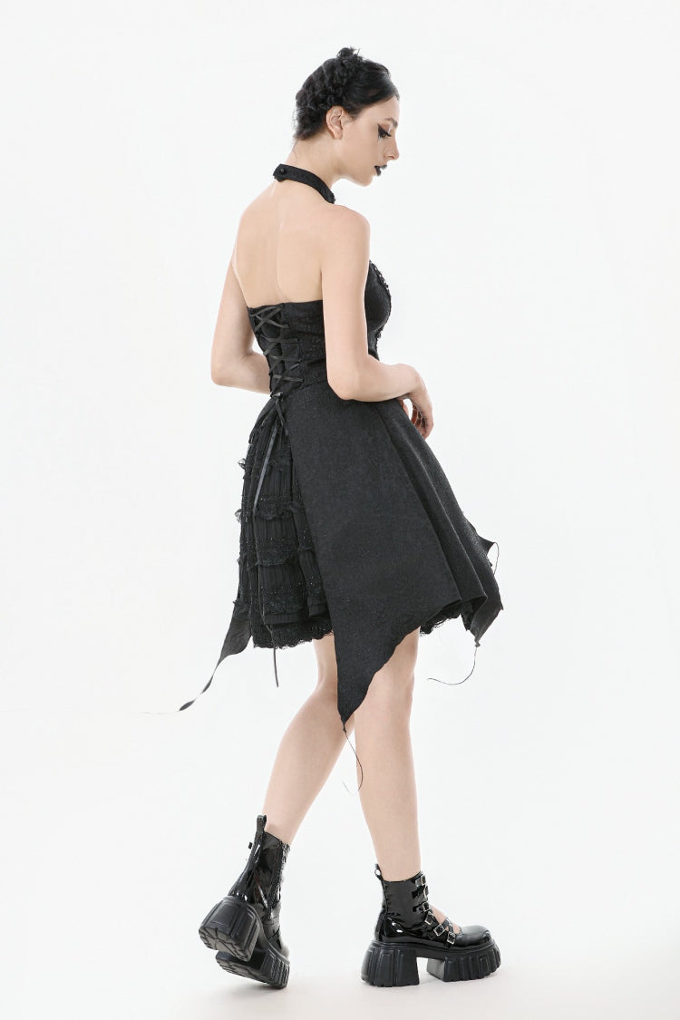 Black Off Shoulder Halterneck Sleeveless Lace Lace-Up Women's Gothic Party Dress - Product - 12
