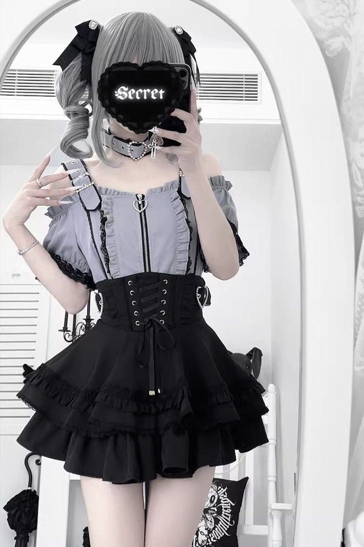 Jirai Kei [Heartbeat Buffy] Stand Collar Sleeveless Triple-Layered Ruffled Lace-Up Zippered Sweet Japanese Skirt and Blouse - Product - 7