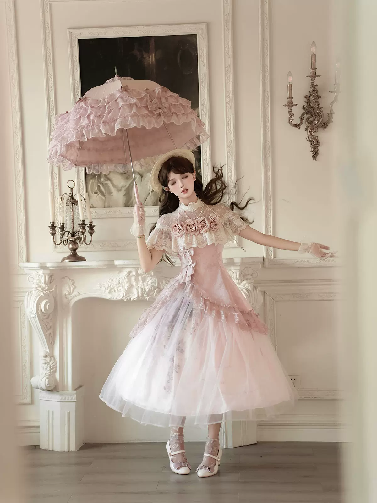 Pink Floral Mesh Lace Ruffled Rose Sweet Princess Vintage (Set) detail view 10