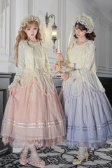 [Tulip Scent] Halterneck Sleeveless Printed Ruffled Lace Lace-Up Fishbone Sweet Lolita Jsk Dress Set (Pink/Purple 2 Colors) - Product - 14
