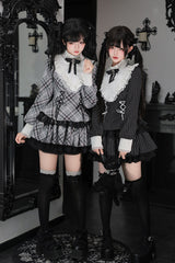 [Doki!] Stand Collar Long Sleeves Printed Ruffled Lace-Up Sweet Cool Lolita Dress 2 Colors(Black, Grey) - Product - 5
