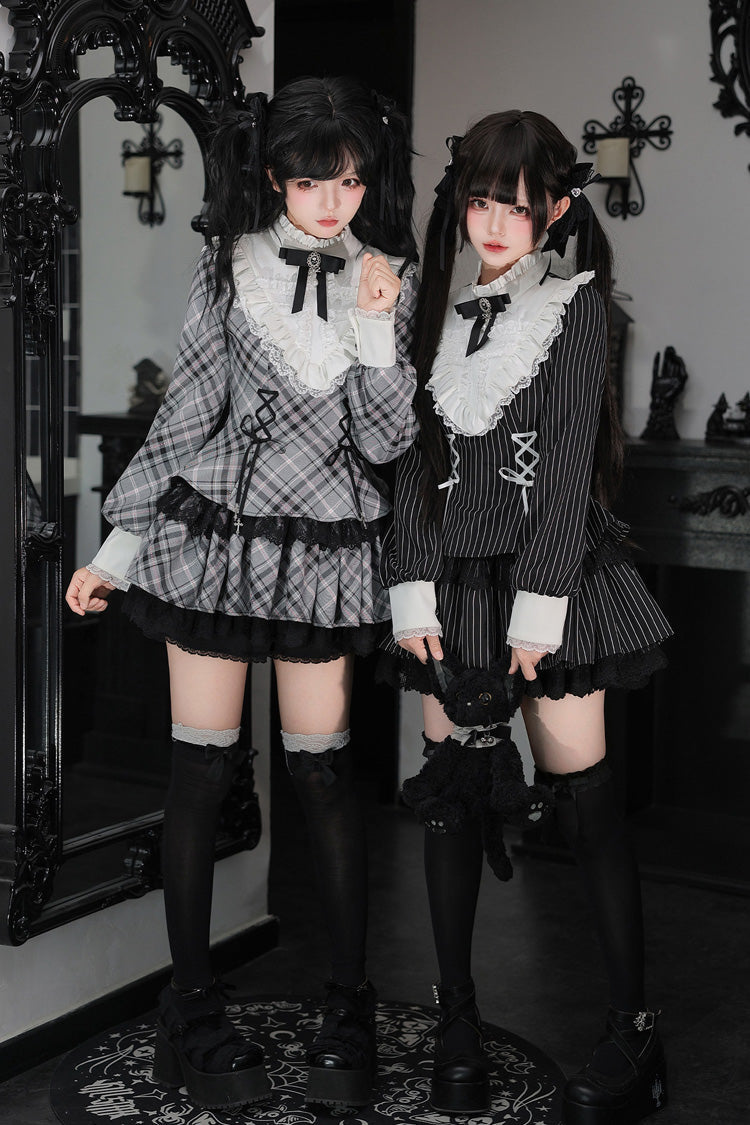 [Doki!] Stand Collar Long Sleeves Printed Ruffled Lace-Up Sweet Cool Lolita Dress 2 Colors(Black, Grey) - Product - 5